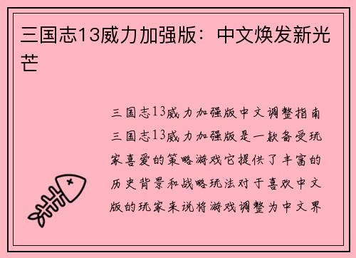 三国志13威力加强版：中文焕发新光芒